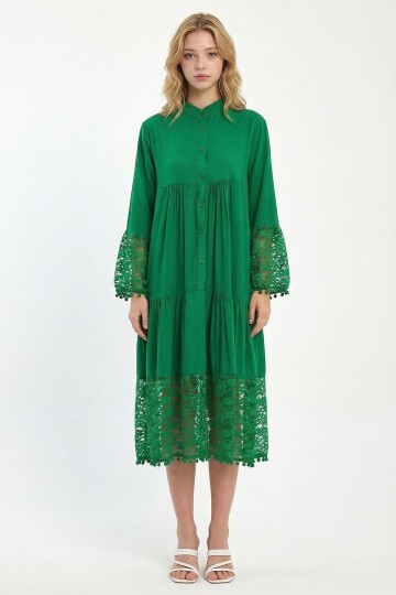 Yeşil Tül Detaylı Uzun Boy Dokuma Viscon Elbise