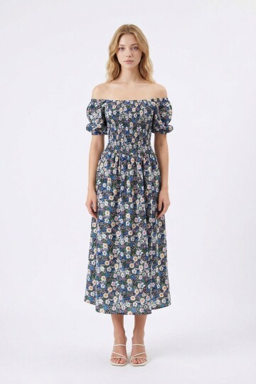 Mix Kare Yaka Beli Gipeli Çiçek Desenli Dokuma Yazlık Elbise