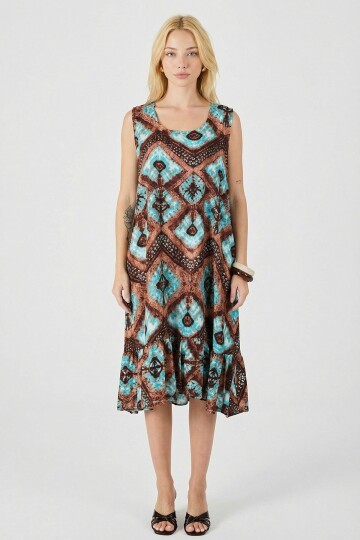 Mix Oval Yaka Çift Cepli Volanlı Kolsuz Midi Elbise