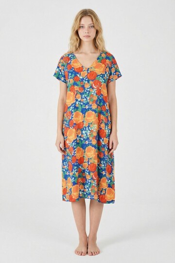 Mix V Yaka Kısa Kollu Midi Boy Desenli Elbise