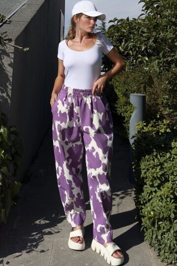 Mor Yüksek Bel Beli Lastikli Pantolon