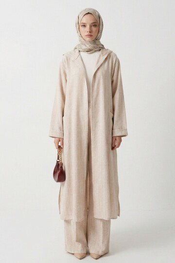 Pembe Alaçatı Keten Kapüşonlu Çizgili Tesettür Alt Üst Takım