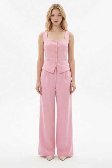 Pembe Brit Detaylı Kare Yaka Crep Bluz Ve Pantolon Alt Üst Takım BCHN-2626844
