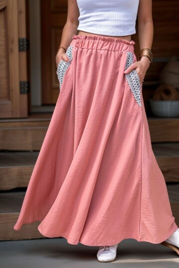 Pembe Cebi Hasır Detaylı Beli Lastikli Salaş Etek