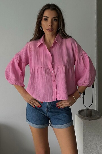Pembe Kısa Kol Müslin Kumaş Premium Gömlek BCRU-261292
