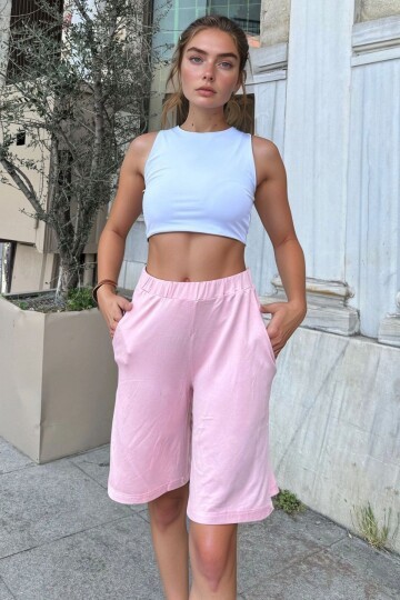 Pudra Duble Paça Yumuşak Dokulu Cepli Şort
