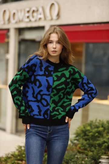 Saks Renk Bloklu Desenli Kışlık Triko Kazak BCES-253014