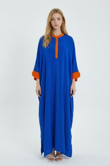 Saks Renk Bloklu Uzun Boy Salaş Dokuma Elbise