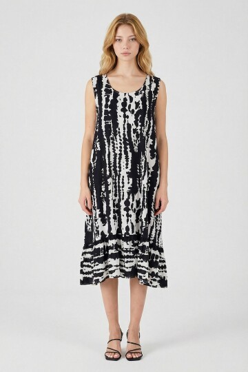 Siyah-Beyaz Oval Yaka Çift Cepli Volanlı Kolsuz Midi Elbise