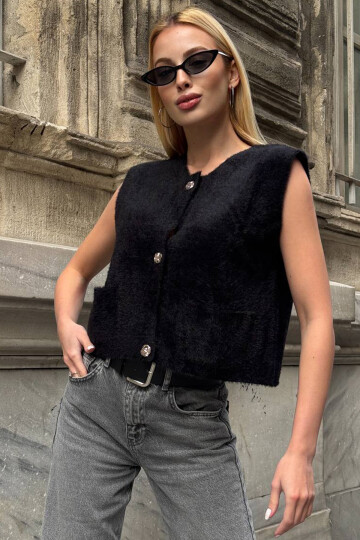 Siyah Çift Cepli Gold Düğmeli Yumoş Yelek Bluz BCHZCK-251262