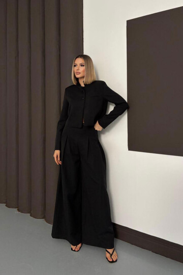 Siyah Çift Düğmeli Ceket Ve Pileli Dokuma Pantolon Alt Üst Takım BCHN-254005