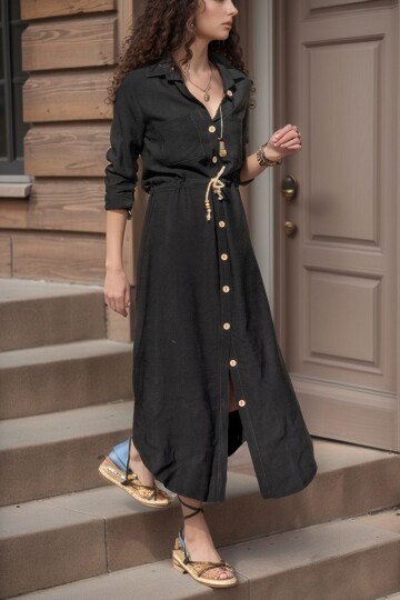 Siyah Keten Beli Büzgülü Hasır Kemerli Gömlek Elbise
