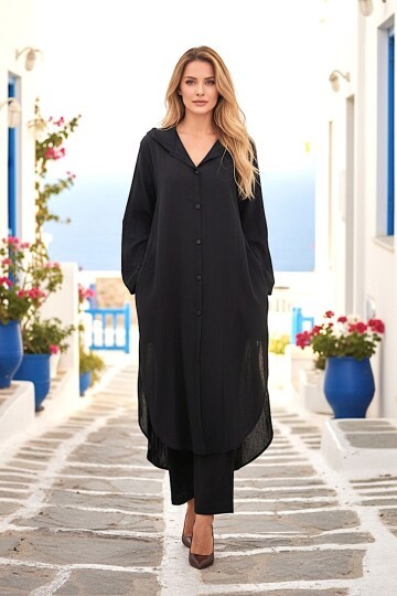 Siyah Keten Gömlek Takım