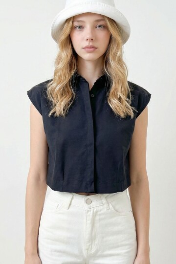 Siyah Kolsuz Yazlık Poplin Dokuma Gömlek