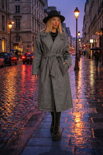 Siyah Kruvaze Beli Kemerli Balık Sırtı Desenli Kaşe Palto BCHRQ-251213