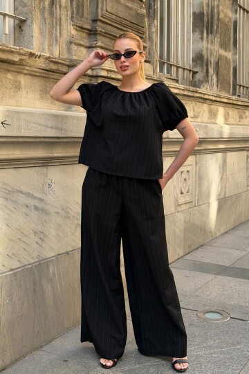 Siyah Madonna Yaka Kendinden Dokulu Alt Üst Takım 