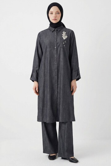 Siyah Nakış Detaylı Tensel Tesettür Alt Üst Takım