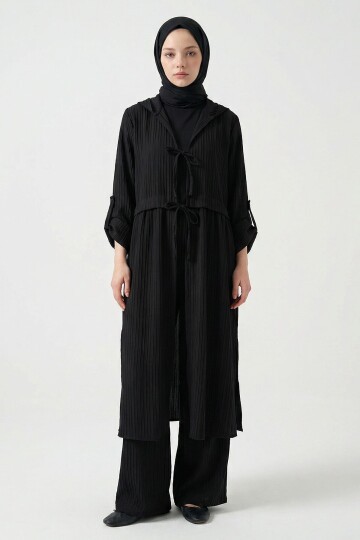 Siyah Önden Bağlamalı Tesettür Alt Üst Keten Takım