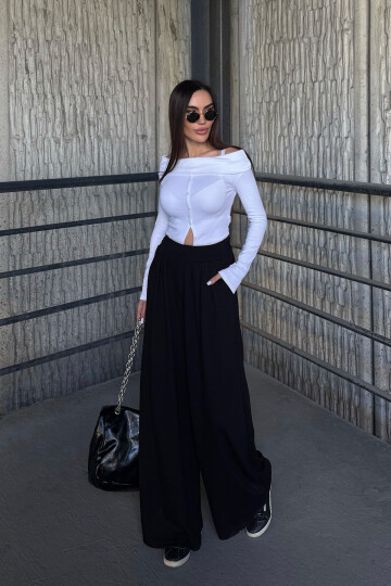 Siyah Pile Detaylı İspanyol Ultra Soft Kumaş Pantolon BCDF-25P0002