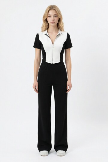 Siyah Renk Bloklu Fermuarlı Yumuşak Dokulu Kumaş Eşofman Takımı BCHN-2626953TK