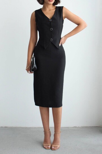 Siyah Tensel Kumaş Yelekli Model Elbise BCHN-2526108