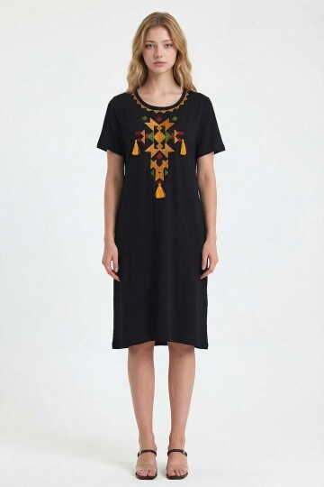 Siyah Turuncu Nakış İşlemeli Örme Viscon Elbise