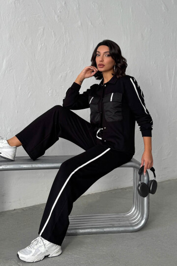 Siyah Yumuşak Dokulu Biyeli Palazzo Pantolon Ve Garnili Gömlek Alt Üst Takım BCHN-25261025