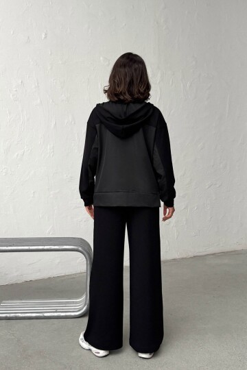 Siyah Yumuşak Dokulu Garnili Kapüşonlu Sweatshirt Ve Pantolon Alt Üst Takım