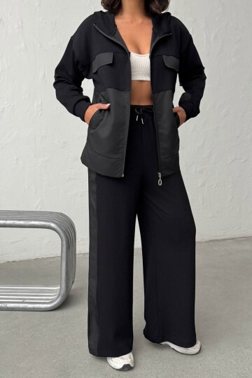 Siyah Yumuşak Dokulu Garnili Kapüşonlu Sweatshirt Ve Pantolon Alt Üst Takım
