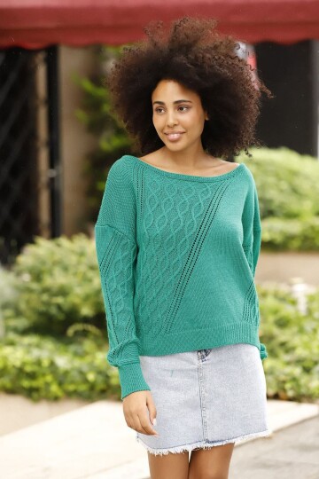 Su Yeşili Kayık Yaka Saç Örgü Desenli Kışlık Triko Kazak BCES-253016