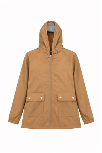 Taba Kapüşonlu Fermuarlı Çift Cepli Yağmurluk Ceket