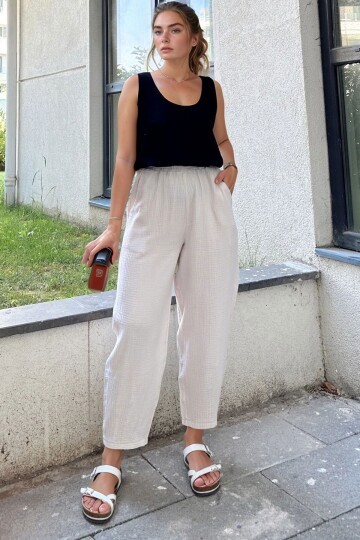 Taş Müslin Beli Lastikli Cepli Salaş Pantolon