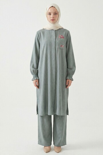 Çağla Yeşil Nakış Detaylı Tensel Tesettür Alt Üst Takım