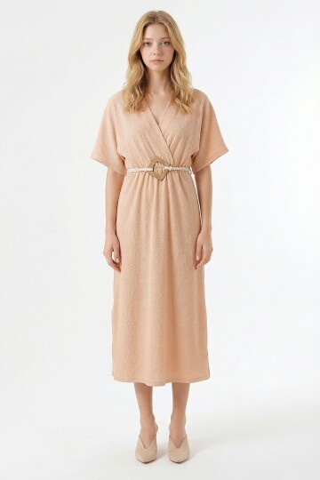 Vanilya Kruvaze Yaka Kemerli Krinkıl Elbise