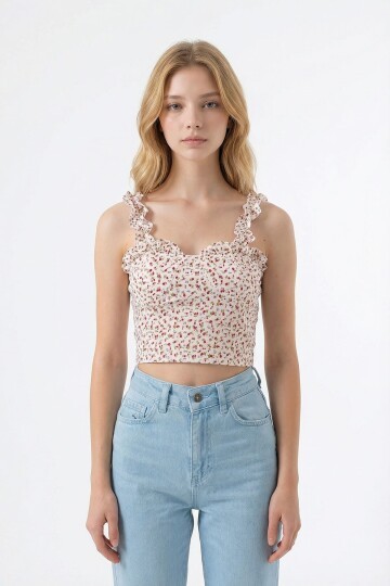 Vişne Kalp Yaka Çiçek Desenli Sırtı Gipeli Fırfırlı Crop Bluz