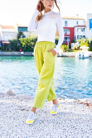 Yağ Yeşili Gabardin Beli Lastikli Cepli Salaş Pantolon