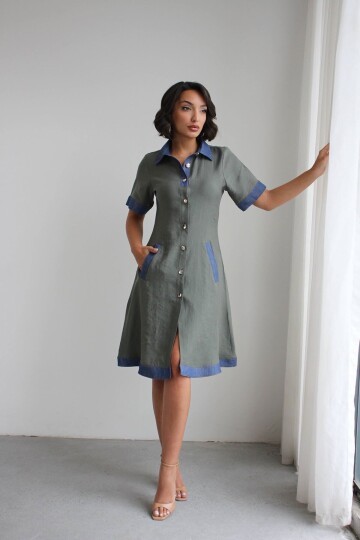 Yeşil Denim Garnili Düğmeli Tensel Dokuma Elbise BCHN-2526114