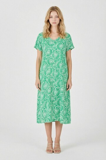 Yeşil Derin V Yaka Kısa Kollu Çizgi Desenli Midi Boy Elbise