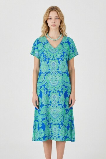 Yeşil Desenli V Yaka Kısa Kollu Midi Boy Elbise