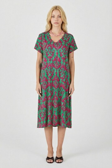Yeşil-Fuşya Desenli V Yaka Midi Boy Elbise