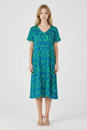 Yeşil Mavi Desenli V Yaka Midi Boy Elbise