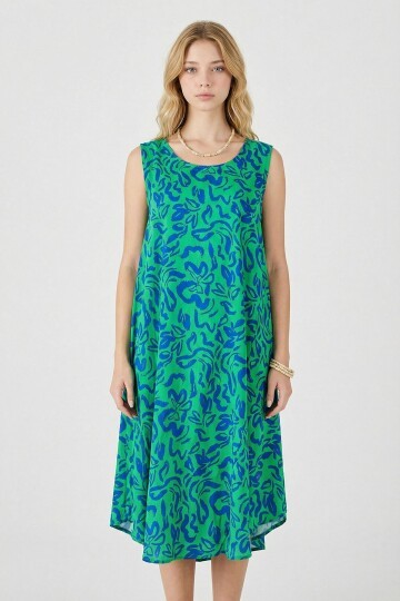 Yeşil Mavi U Yaka Kolsuz Eteği Asimetrik Kesim Desenli Midi Boy Elbise