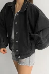 Antrasit Çift Cepli Balon Kollu Oversize Denim Jean Ceket BCDF-235402