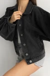 Antrasit Çift Cepli Balon Kollu Oversize Denim Jean Ceket BCDF-235402