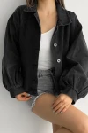 Antrasit Çift Cepli Balon Kollu Oversize Denim Jean Ceket BCDF-235402