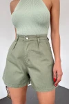 Haki Çift Cepli Pileli Mini Denim Şort BCDF-233302