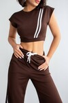 Acı Kahve Çizgili Modal Kumaş Crop Alt Üst Takım
