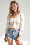 Beyaz Brit Detaylı Delik İşi Crop Bluz
