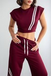 Bordo Çizgili Modal Kumaş Crop Alt Üst Takım