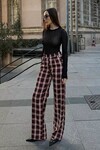Bordo Yüksek Bel İspanyol Paça Ekose Pantolon